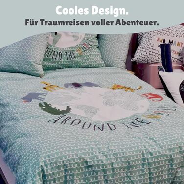Комплект постільної білизни для ліжечка Kinderbettwäsche: 2-Piece Set з тваринами та глобусом - ковдра 135x200 + подушка 80x80 см, закривається на блискавку. Підходить для хлопчиків та дівчаток. 100% бавовна, ренфорсе, приємна до шкіри, сертифікат Oeko-Te