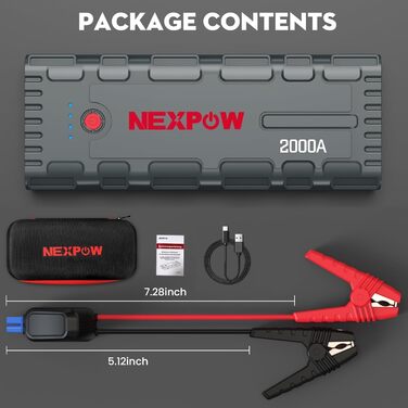 Powerbank NEXPOW Starthilfe: портативний пусковий пристрій для авто 2000A, 12V, USB-швидка зарядка 3.0 (до 7.0L бензин/6.5L дизель), LED-ліхтар, сірий