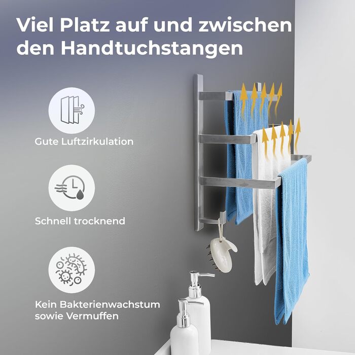 Тримач для рушників без свердління для ванної кімнати | Без бактерій | Прихований кріплення | Тримач для рушників з гачками - нержавіюча сталь SUS 304, антикорозійна, полірована