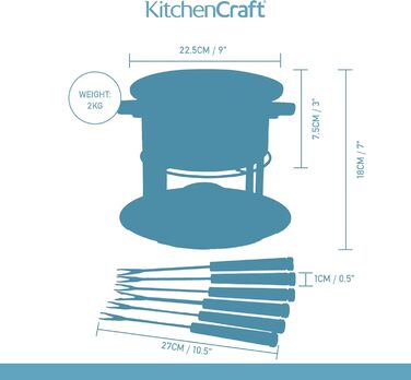 Набір для фондю KitchenCraft 3-в-1 з кольоровими виделками, для шоколадного, м’ясного та сирного фондю, сріблястий
