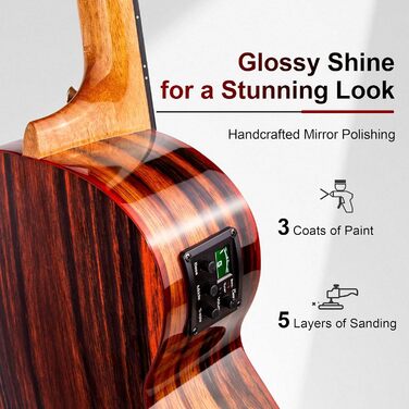 Гуталеле Caramel GEG95 з бокоте, глянцеве покриття | Акустична та електрогітара з аксесуарами для подорожей | 30' Baritone, чорне ебоні | Професійний набір, ручної роботи