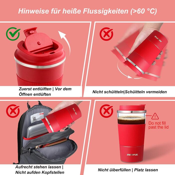Термокружка з нержавіючої сталі 510 мл GEMFUL для подорожей та дому (червона)