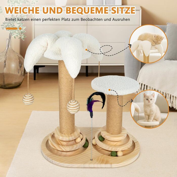 Інтерактивна іграшка для котів 6 в 1: дерев'яний комплекс з кульками, пір'ям, м'ячиком-трекером, когтеточкою з сизалю та джуту. Підходить для котів середніх та маленьких порід (білий)