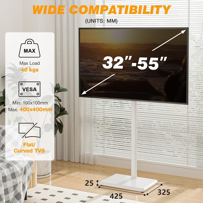 Підставка для телевізора TVON, 32-55 дюймів, регульована висота, поворотна, VESA 400x400, до 40 кг, біла