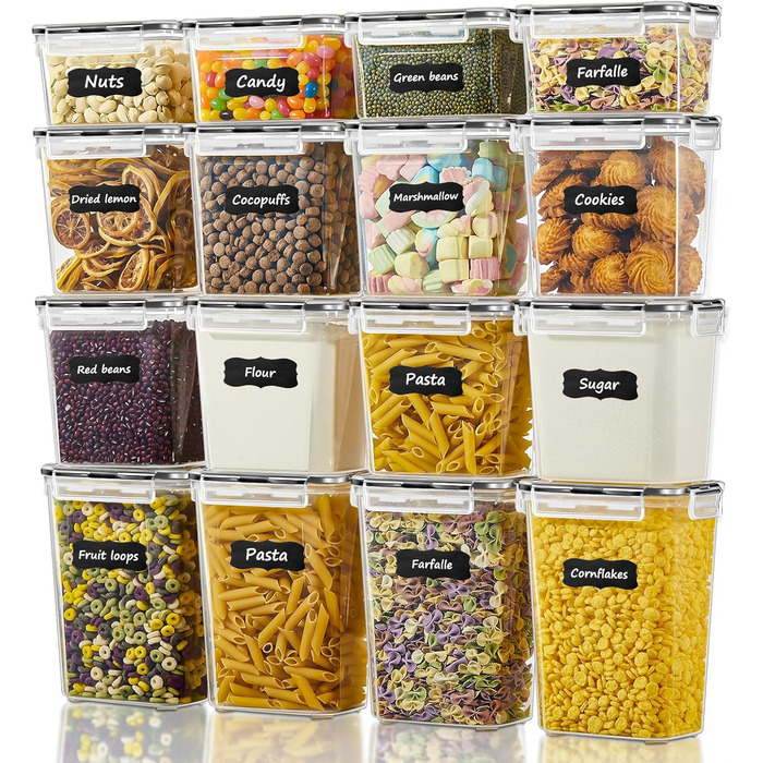 Набір контейнерів для зберігання FOHERE 16 шт. (2л, 1.45л, 0.8л) з кришкою, BPA-free, для кухні, з етикетками