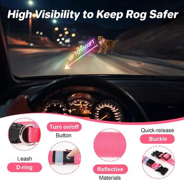 Світлодіодна нашийник для собак Feycig - USB зарядка, водонепроникний, 3 режими, регульований (L, рожевий, 28-40см)