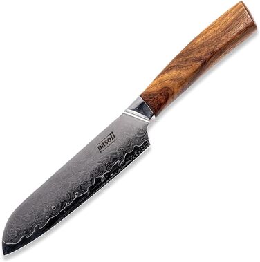 Pasoli Damascus Santoku Knife incl. Blade Protector | 67-Layer VG-10 Damascus Steel | Sharp 13 cm Blade | Elegant Wooden Handle | Ideal Chef's Knife