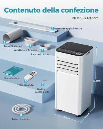 Мобільний кондиціонер 9000 BTU з випускним шлангом | 4-в-1 | Тиха робота <48 дБ | Цифровий дисплей + пульт дистанційного керування | Комплект для встановлення у вікно | Таймер 24 години | Для приміщень до 25 м²