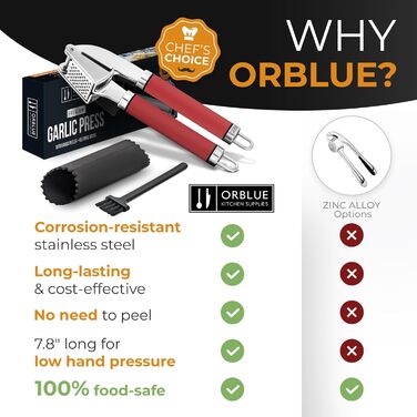 ORBLUE Прес для часнику з нержавіючої сталі червоний – Преміум прес для часнику та тертка для часнику – Прес для часнику з силіконовим очищувачем та щіткою, міцний, ергономічний та придатний для миття в посудомийній машині