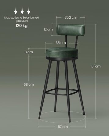 Барний стілець VASAGLE EKHO, набір 4 шт., 360° обертання, шкірозамінник, Mid-Century Modern, 65 см, зелений