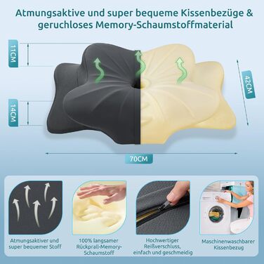 Подушка для шиї DONAMA з піни Memory Foam з підлокітниками, 6 зон підтримки, охолоджуюча, дихаюча, 70x42x14 см, темно-сіра