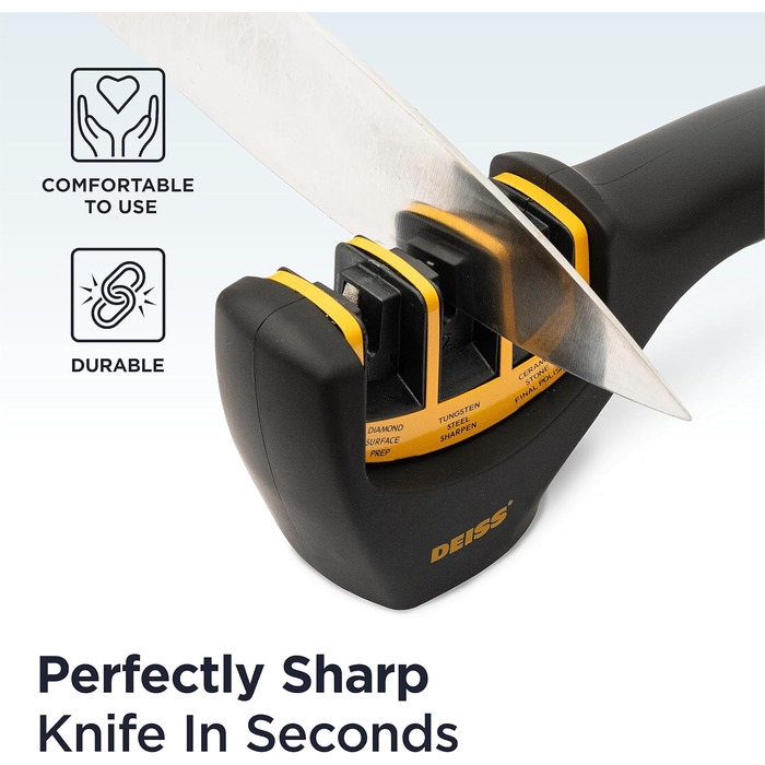 Deiss PRO 3-ступеневий точило для ножів кухонних та кишенькових - професійний точило для ножів шеф-кухаря, мисливських та керамічних - безпечне відновлення та полірування гострих лез (ORANGE)