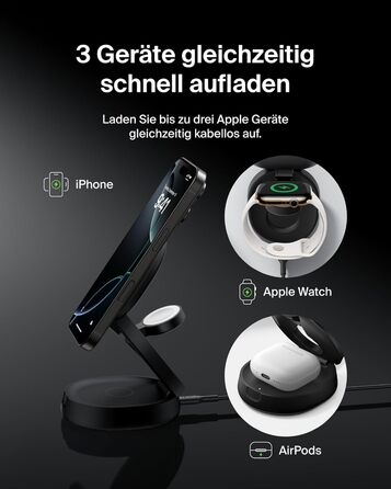 Белкін BoostCharge 3-в-1: Індукційна зарядна станція з Qi2, 15W, MagSafe, для iPhone, Apple Watch, AirPods, з блоком живлення 30W – Чорний