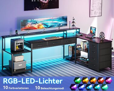 Ігровий стіл Coleshome з 7 висувними ящиками та великим об'ємом зберігання, 199.5×145.5 см, кутовий стіл з RGB LED підсвічуванням, реверсивний L-подібний стіл з 2 розетками, ідеальний для офісу та геймінгу, чорний, 199.5×145.5 см