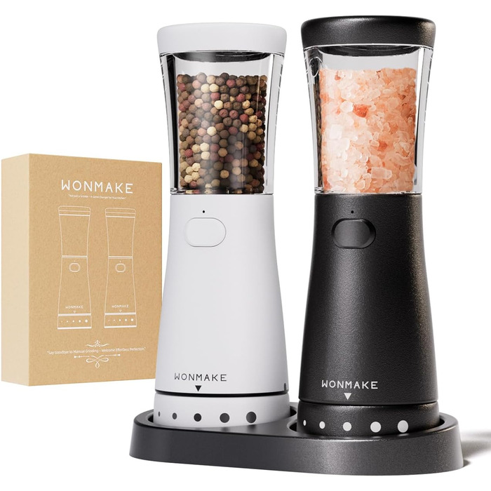 Salt and Pepper Grinder Electric 2-Piece Set with USB Rechargeable, Improved 4.5oz Large Capacity Spice Grinder Electric, Adjustable Coarseness with LED Light, Ideal for the Kitchen (Black/White)