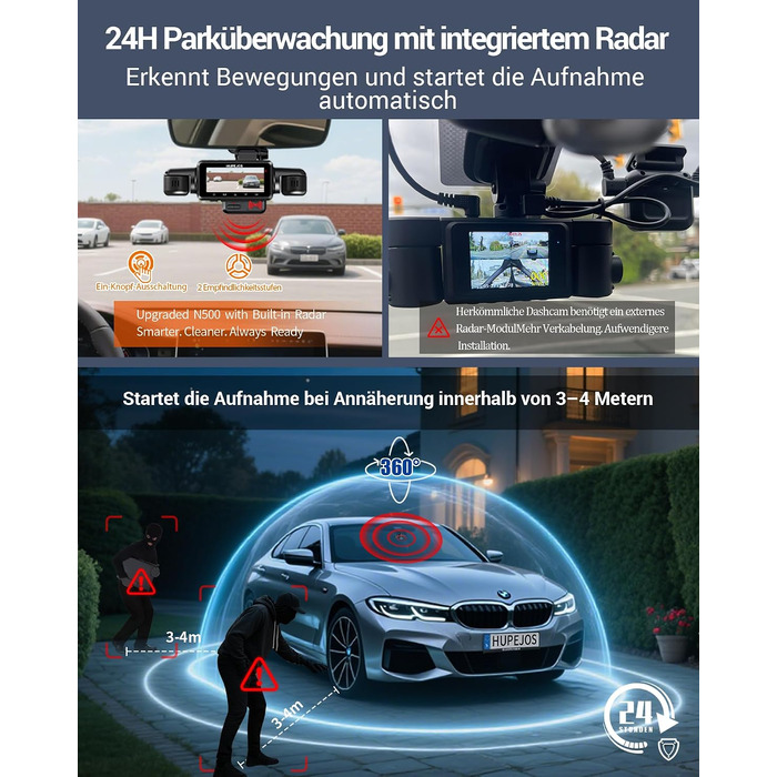 Автомобільний відеореєстратор 4K 360° з 4-канальною камерою та цілодобовим режимом паркування, N500, матово-чорний
