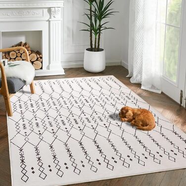 Килим для вітальні абстрактний великий, бежевий/слонова кістка, 120 x 160 см. Короткий ворс, підходить для вітальні, спальні, їдальні.