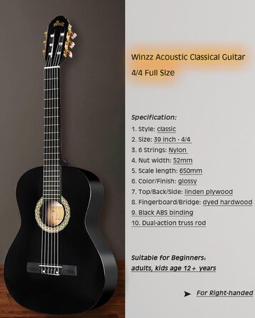 Класична гітара Winzz 4/4 для дорослих та дітей (від 11 років), набір для початківців - Чорний глянцевий (39 дюймів)