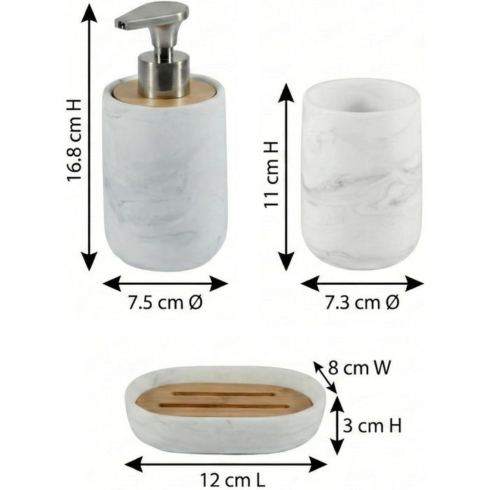 Набір для ванної кімнати 4 предмети з піддоном - мильничка, дозатор для мила (цинковий сплав), стакан для зубних щіток, поличка - мармуровий дизайн, бамбук - сучасний органайзер (Набір 3 Marble)