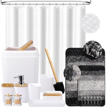 Набір аксесуарів для ванної кімнати, 9 предметів: сміттєвий бак, тримач для зубних щіток, стакан для зубних щіток, дозатор для лосьйону/мила, тумбочка під раковину, мильниця, щітка для унітазу, тримач для ватних паличок, (Білий, Комплект для ванни + штора