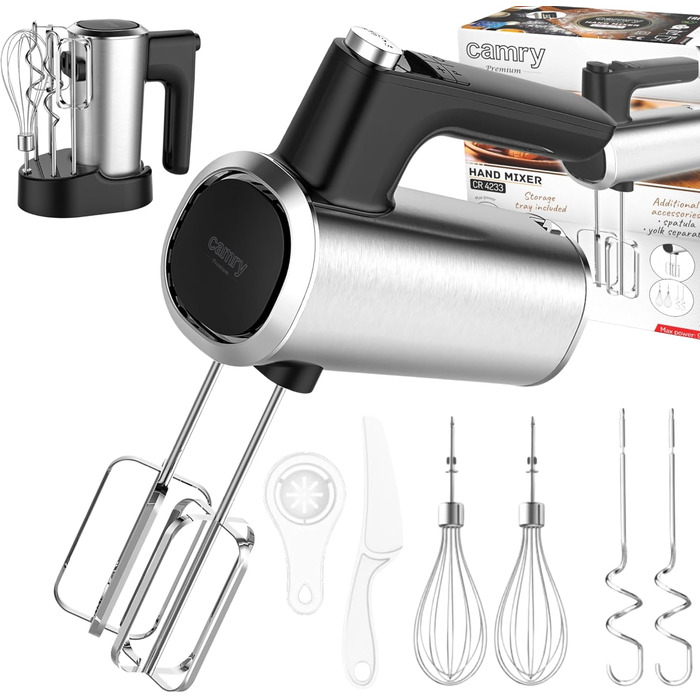 Міксер ручний CAMRY 900W з аксесуарами: 5 швидкостей, Turbo, 3 насадки (крюк, вінчик, вінчик)