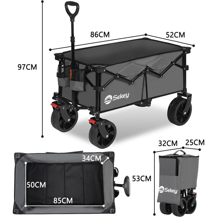 Bollerwagen Sekey XXXL: Складна вантажна платформа з великим об'ємом 150л, 200кг вантажопідйомністю, широкі колеса для бездоріжжя, антрацит