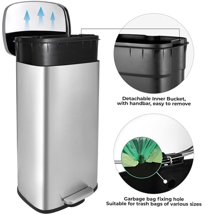 Відро для сміття LIFERUN 30л з кришкою, з м'яким закриттям, сталеве, з внутрішнім відром, для кухні, ванної кімнати, офісу