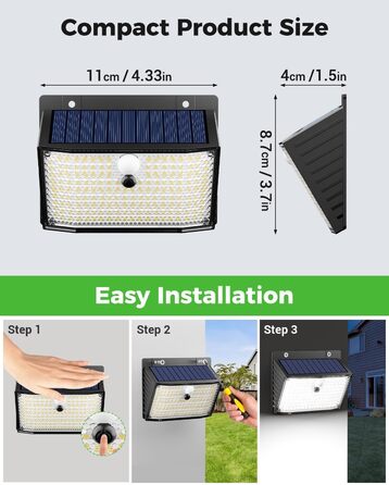 nipify Сонячна LED лампа з датчиком руху, 168 LED, 6 шт, IP65, 3 режими, тепле світло, для зовнішнього освітлення саду і стін
