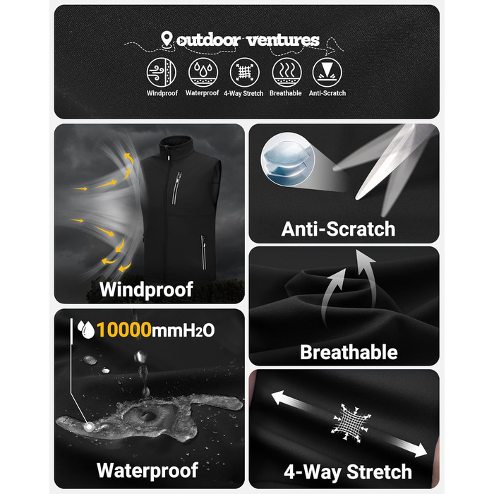 Чоловіча софтшеллова жилетка Outdoor Ventures для активного відпочинку: велосипедна, водонепроникна, вітронепроникна, чорна