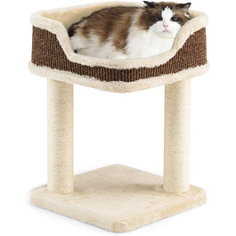 COSTWAY Cat Tree Small, Cat Tree with Large Plush Seat, Wooden Cat Scratching Post, Cat Furniture Climbing Tree, Activity Tree Play Tree, Natural Sisal Tower with Scratching Posts (Beige)