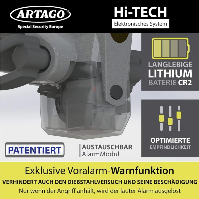 ARTAGO 870 Блокіратор керма 2-в-1 з сигналізацією 120дБ і LED, протиугінний замок для авто, на кермову спицю, преміум якість