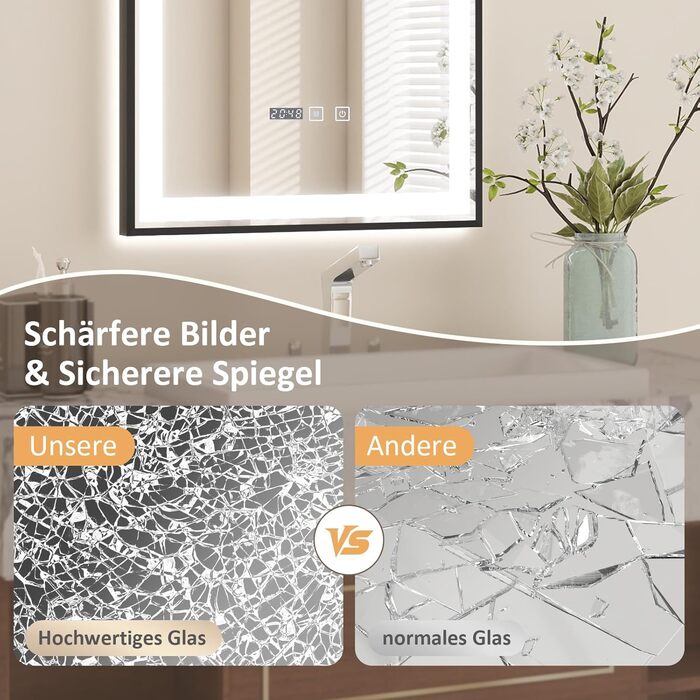 Дзеркало YOURLITE з підсвічуванням 70x50 см, LED дзеркало для ванної кімнати з годинником, сенсорне керування, 3 кольори світла, регулювання яскравості, антизапар, пам'ять, срібний (чорний-5070)