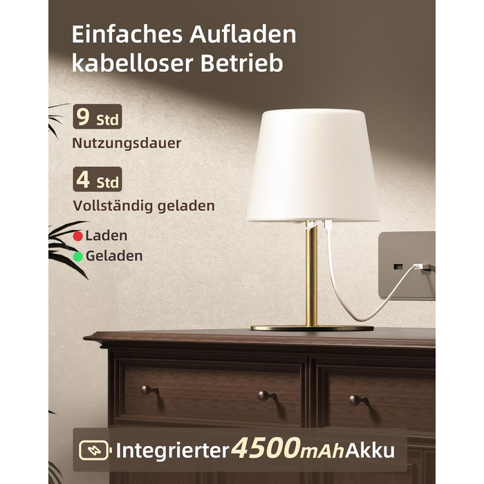 Настільна LED лампа EZVALO бездротова, 2 шт., IP65, 4500mAh, USB-C, диммер сенсорний, 3 режими світла, золота. Лампа для кемпінгу, спальні та столу.