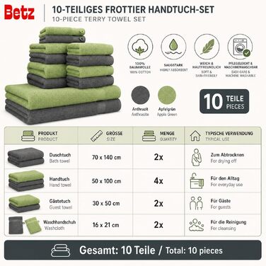 Набір рушників Betz Premium 10 предметів, 100% бавовна, махровий, антрацит та яблучно-зелений (2 банні, 4 ручні, 2 гістьові рушники, 2 рукавички)