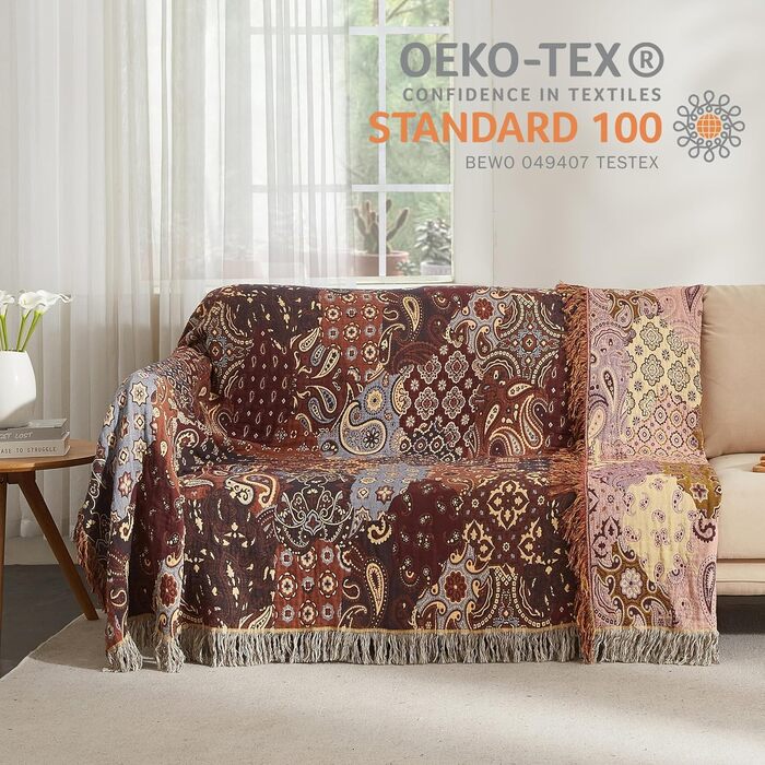 Плед Boho Softexly з 100% бавовни – двосторонній мусліновий плед 150x200 см, м'який плед на диван та ковдра на ліжко, естетичний дизайн, ідеально для вітальні та спальні, помаранчево/блакитний (150 x 200 см, візерунок Пайслі)