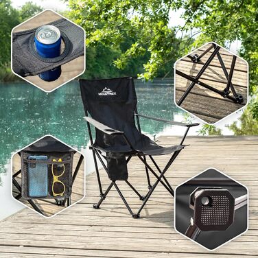 Крісло для кемпінгу MOUNTREX складне (до 120 кг) - регульовані підлокітники, для риболовлі, пляжного відпочинку, компактне та легке, з підстаканником та сумкою, чорне