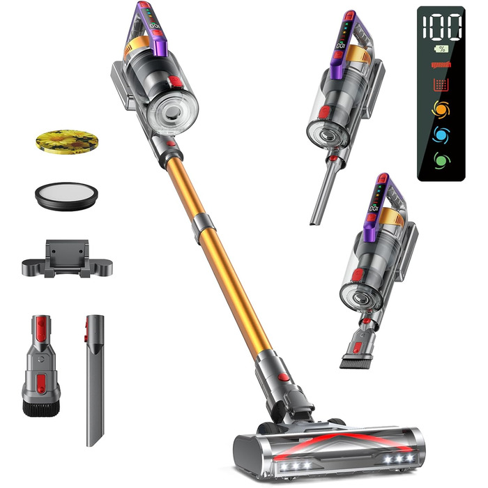 Kissfo Cordless Vacuum Cleaner, 45000Pa/550W/70 Mins Vacuum Cleaner with Self-Standing Function, Anti-Tangle Floor Brush, Scent Card, Highly Efficient Hypa-Filter System for Hard Floors, Carpets, Pet Hair