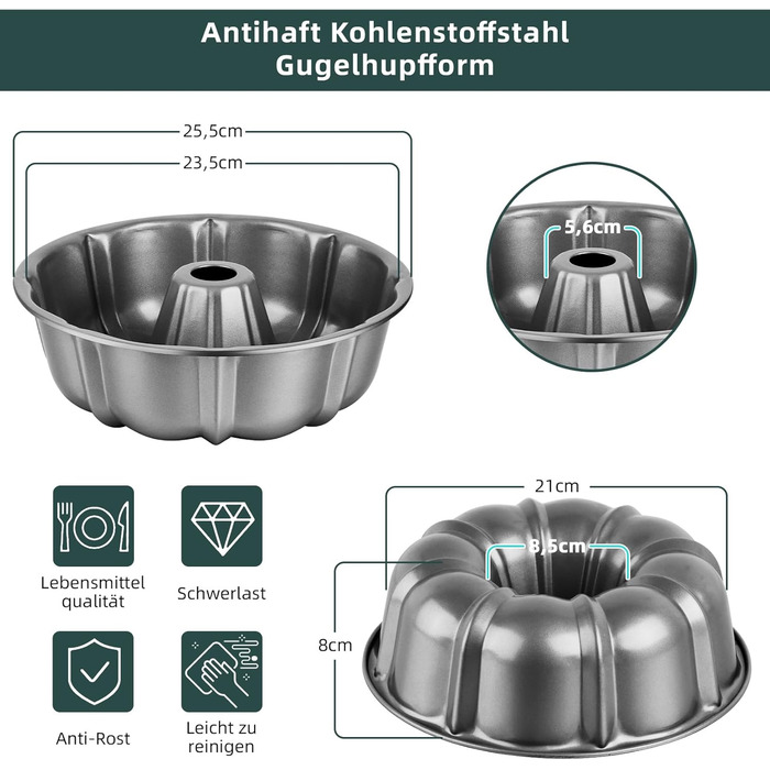Форма для кексів Onader, нержавіюча сталь з антипригарним покриттям, 25,5 см, кругла форма для випічки кексів, хліба, здобної випічки, легко миється (сірий)