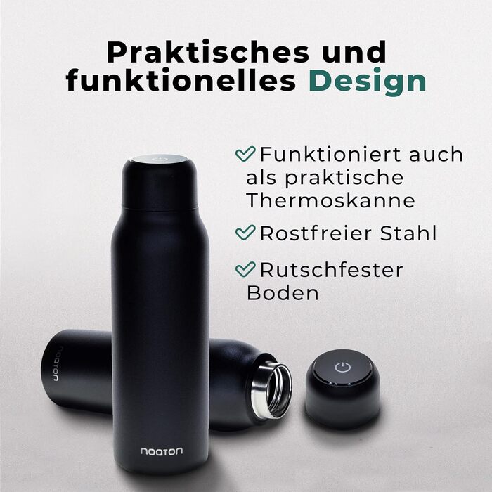 Naturaq Schwarz 600 ml, UV-C, Water Purifier, Self-Cleaning Stainless Steel Insulated Water Bottle, Thermos, Lightweight, for Camping, Hiking, Travel