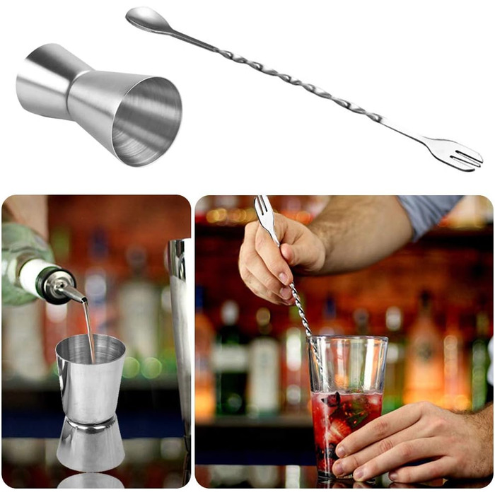 Набір барного аксесуару: ложки для змішування (3 шт.), мірні склянки (3 шт.), барні склянки, ложка для коктейлів з виделкою (25.4 см)