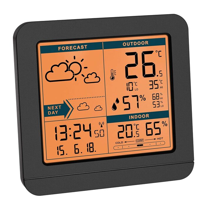 TFA Dostmann digital radio weather station SKY, 35.1152.01, with outdoor sensor, temperature & humidity inside/outside, weather forecast, high/low values, radio clock, 123 x 52 x 117 mm, black