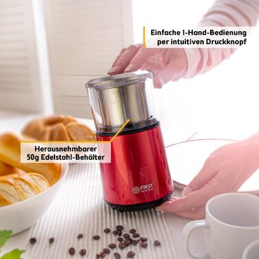 Електрична кавомолка TZS First Austria: 200W, 27 000 об/хв, 4 леза з нержавіючої сталі, 50г контейнер, тиха робота, легке очищення, з кабелем