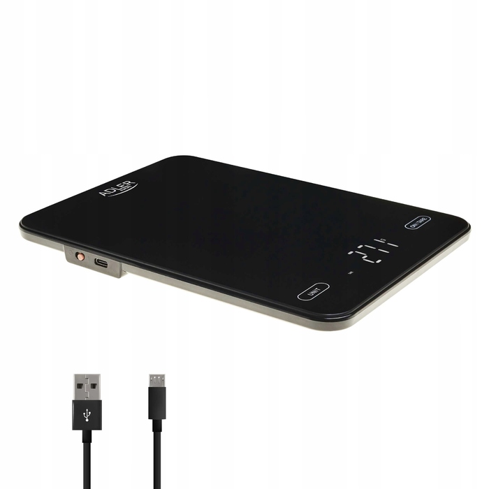 Кухонні ваги Adler чорні, 10 кг, USB-зарядка, LED-дисплей