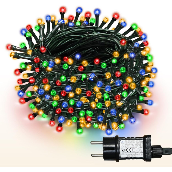 LED гірлянда WISD 23м, 200 LED, багато кольорів - димувана різдвяна ілюмінація на темно-зеленому кабелі з 12 режимами, таймером та EU штекером - для прикраси ялинки, балкона, кімнати, саду. 200 LED