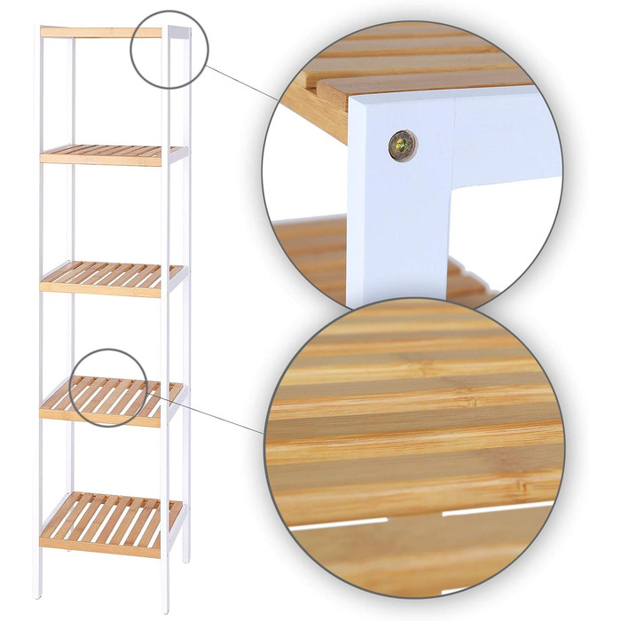dibea Bathroom Shelf with 5 Shelves, Living Room Shelf, Standing Shelf, Bamboo Shelf, Bathroom Shelf, Book Shelf, Corner Shelf, Kitchen Shelf, 33x33x146 cm, natural/white