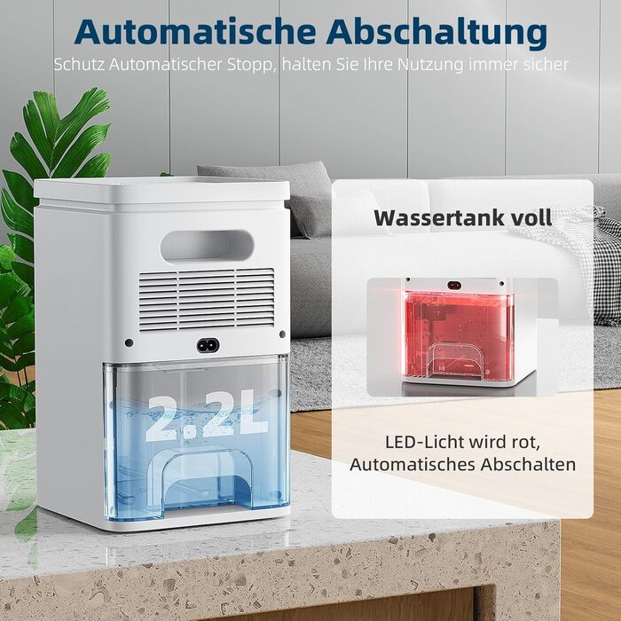 Електричний осушувач повітря 2.2L, портативний, тихий, з таймером 2-12H, 7 кольорів підсвічування, автоматичне відключення, для спальні, підвалу, ванної кімнати (білий)