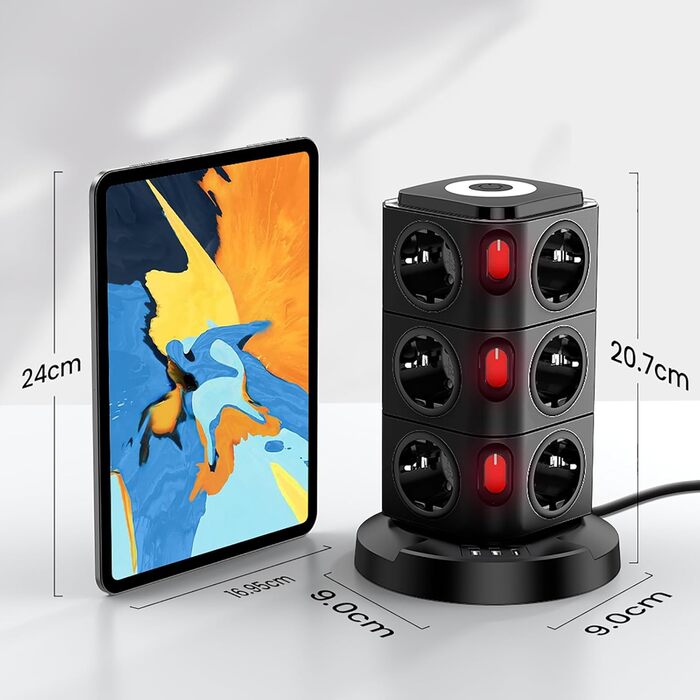 Багаторозеткова станція Acodot Tower з USB, 12 розеток, захист від перенапруги, 4 вимикачі, нічник, 3 USB-порти, кабель 3м, 2500W, для офісу, білий/чорний