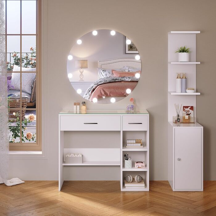 Туалетний столик SONNI з LED-підсвіткою, дзеркалом HD, 10 рівнями яскравості, 3 кольори, з шухлядами, косметичний столик-комод для спальні, білий, 30x58x160 см