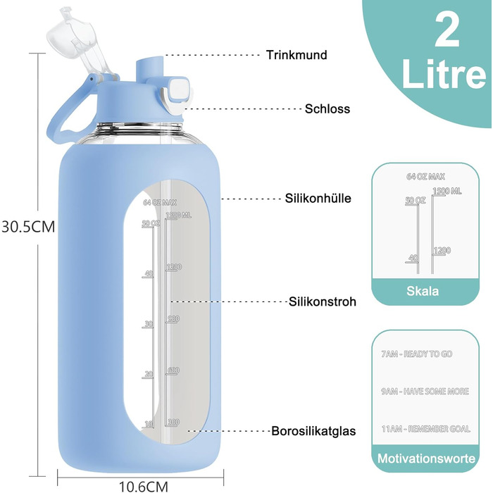 2 Liter Glass Water Bottle, 2L Glass Bottle, Glass Water Bottle with Straw, Bottle Brush (Blue)