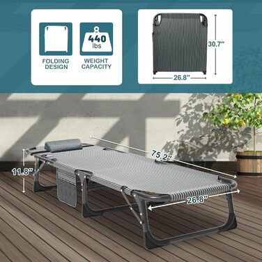 Розкладне ліжко ZIKEBTUY для кемпінгу та відпочинку: міцна конструкція, 200 кг, 190x71x36 см, з матрацом, Oxford 1200D, для відпочинку на природі та вдома (сірий)